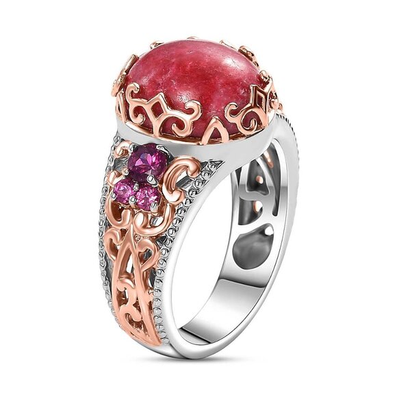 Ring Thulite and Orissa Rhodolite Garnet 6.65 ctw Victorian Blossom Size 10 - Picture 4 of 6